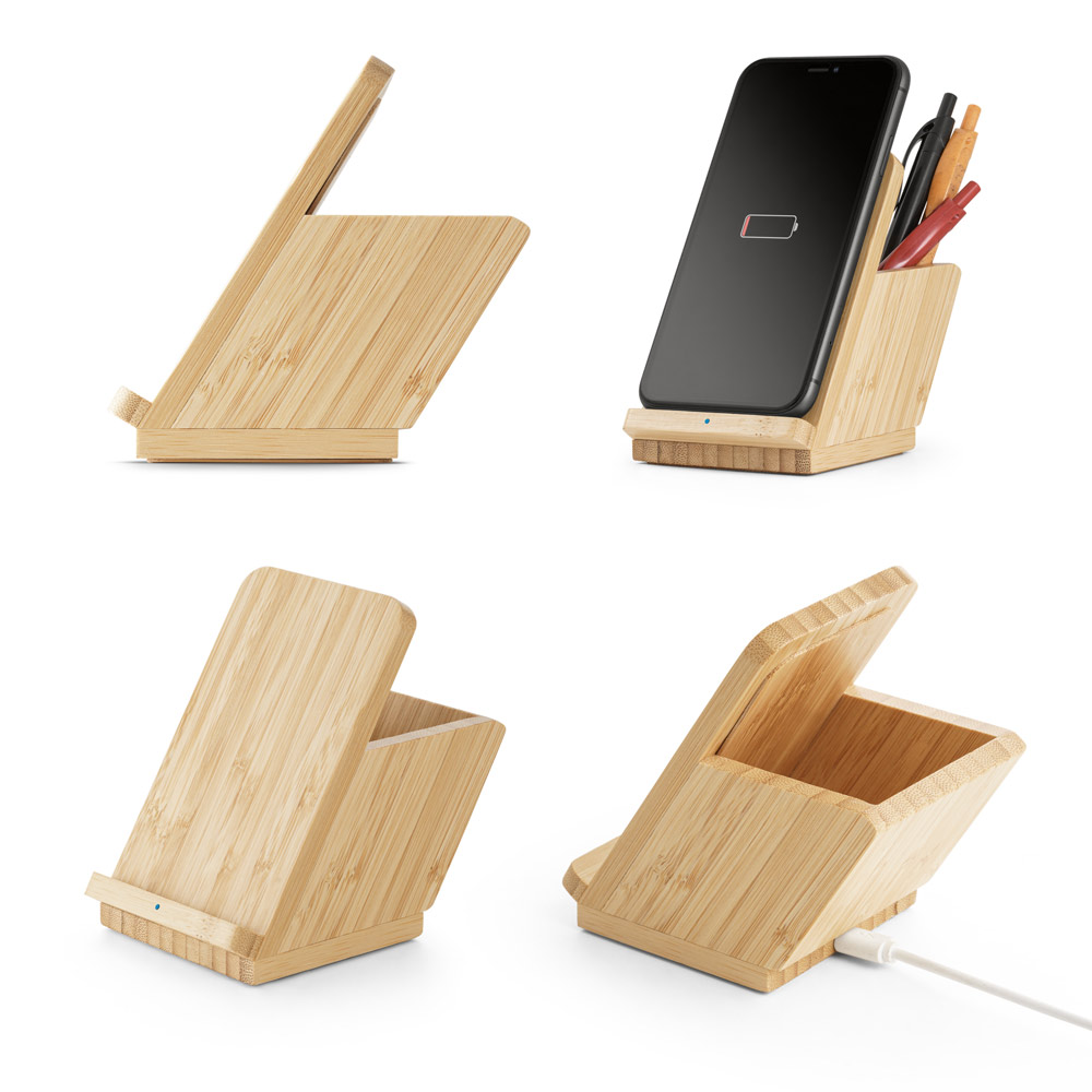 Carregador wireless em bambu com suporte para esferográficas