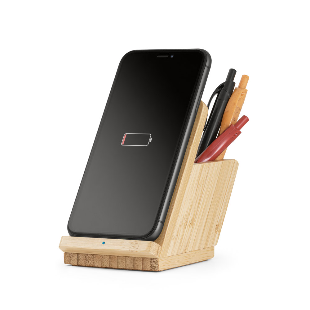 Carregador wireless em bambu com suporte para esferográficas