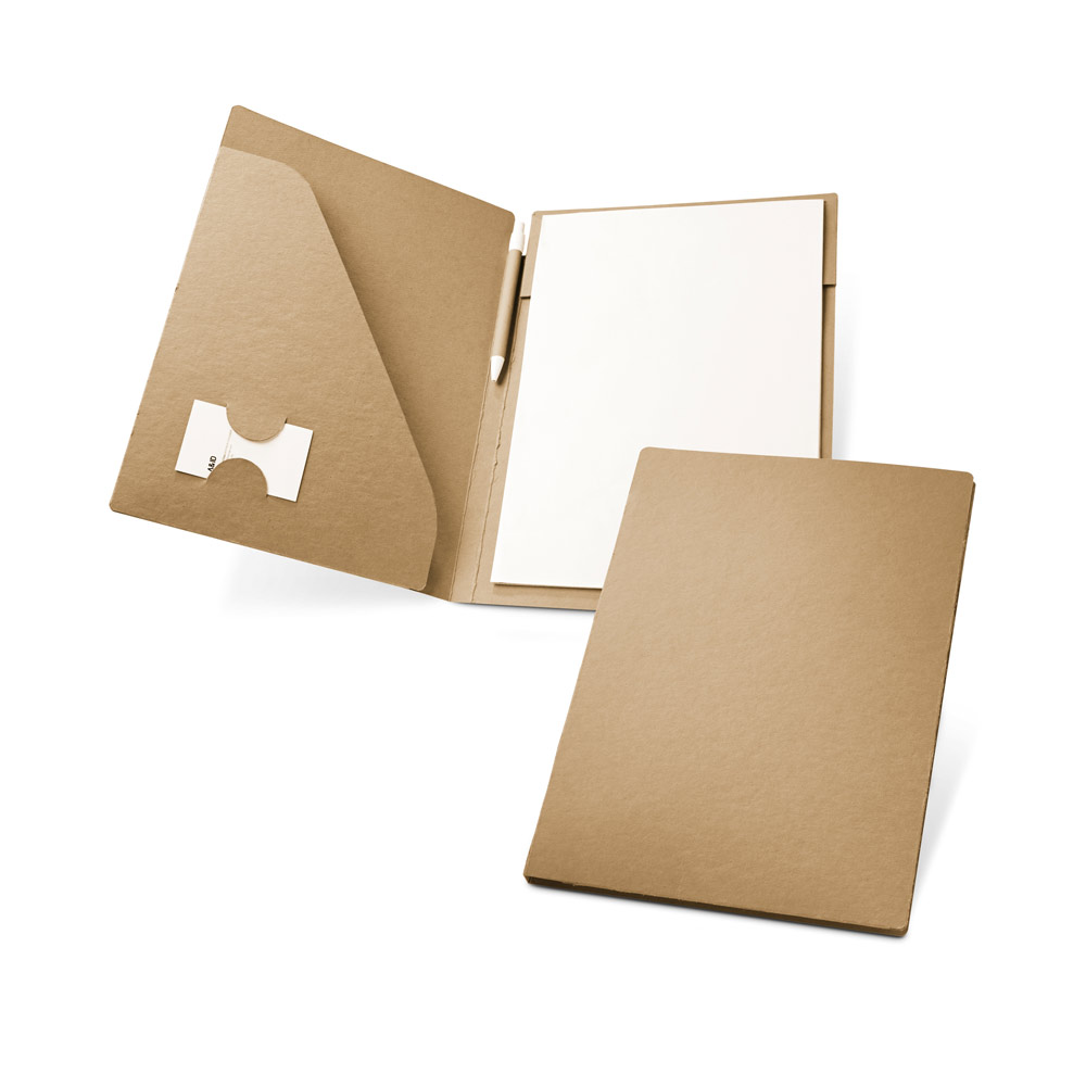 Pasta A4 em cartão com um bloco de 20 folhas lisas de papel reciclado e caneta.
