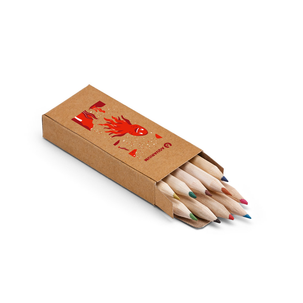 Caixa de cartão com 10 mini lápis de cor. 40 x 90 x 15 mm