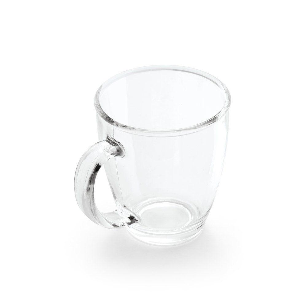 Caneca em vidro com capacidade até 390 ml.