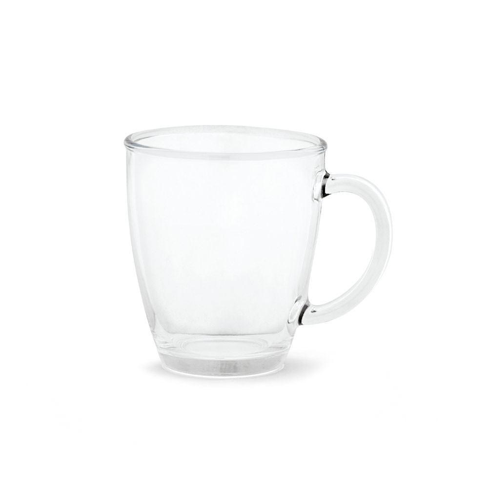 Caneca em vidro com capacidade até 390 ml.