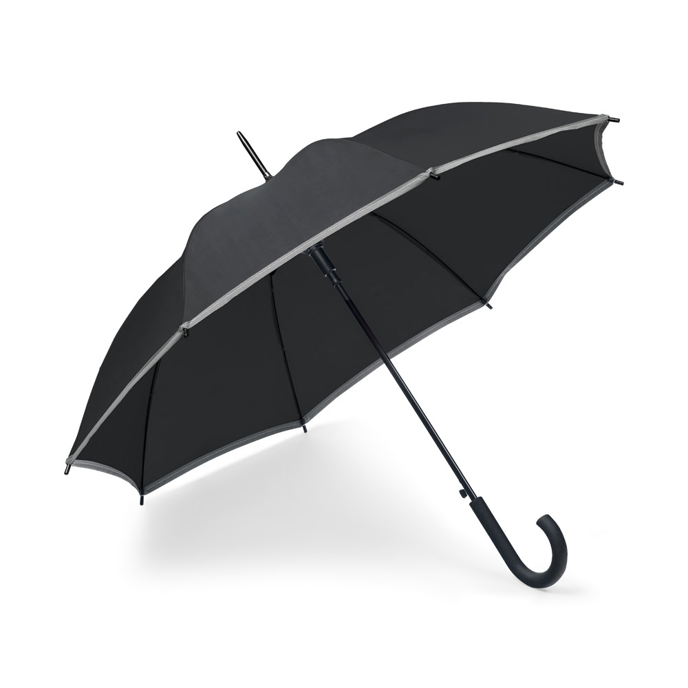 Guarda-chuva em poliéster com faixa refletora.