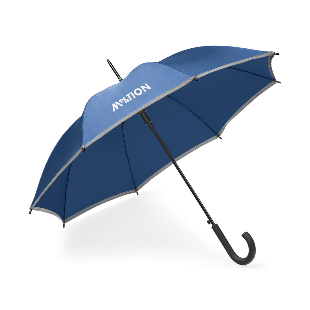 Guarda-chuva em poliéster com faixa refletora.