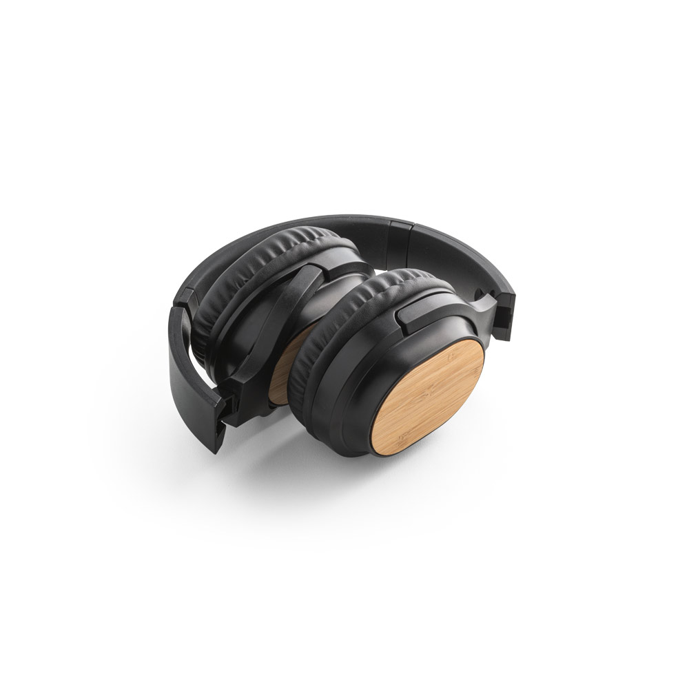 Fone de ouvido dobrável wireless em bambu e ABS. 160 x 190 x 45 mm