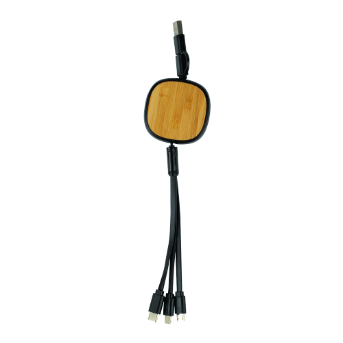 Cabo carregador USB multifuncional de bambu 3 em 1. Dimensão do Produto: (24,5x5cm) Fechado Dimensão do Produto: (90x5cm) Aberto. Ecológico. Sustentável