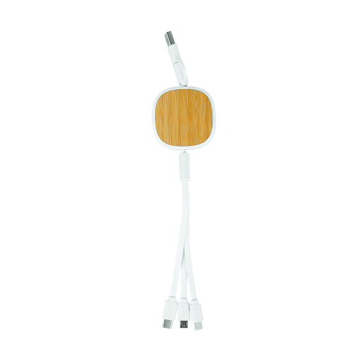 Cabo carregador USB multifuncional de bambu 3 em 1. Dimensão do Produto: (24,5x5cm) Fechado Dimensão do Produto: (90x5cm) Aberto. Ecológico. Sustentável