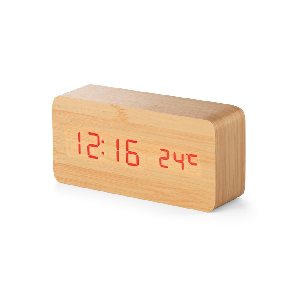 Relógio em MDF com calendário, alarme e termômetro. 150 x 70 x 44 mm
