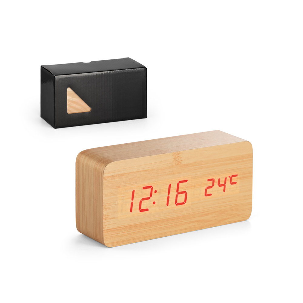 Novidade!!! Relógio em MDF com calendário, alarme e termômetro. 150 x 70 x 44 mm