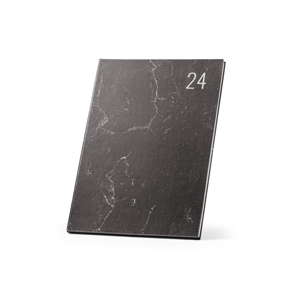Novidade!!! Agenda B capa dura com marca, com aspecto mármore. 175 x 245 mm.