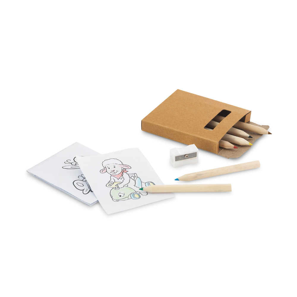 Novidade!!! Kit para pintar em caixa de cartão. Incluso 6 mini lápis de cor, 1 apontador e 15 cartões diferentes para pintar. 73 x 89 x 12 mm