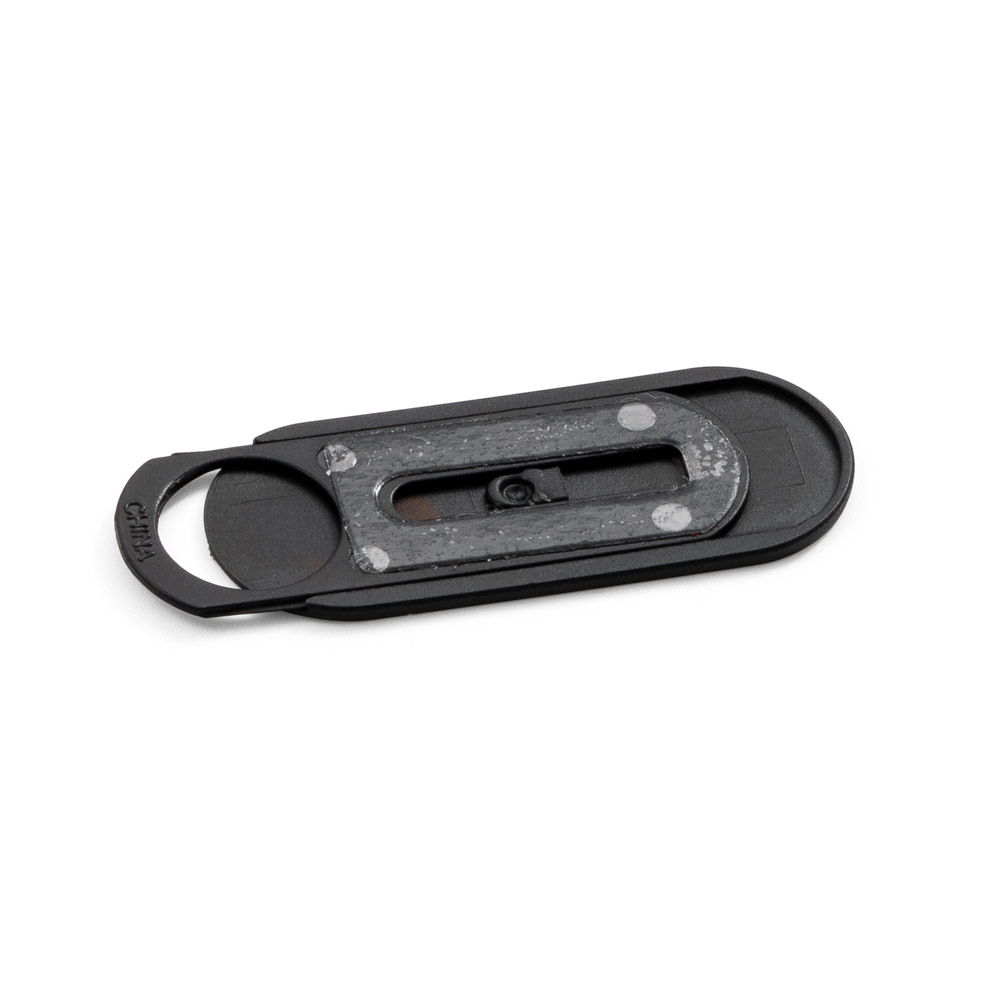 Protetor de webcam em PP com tampa deslizante e autocolante no verso. 32 x 13 x 1,5 mm | Aberto: 43 x 13 x 1,5 mm