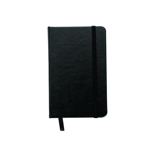 Caderneta de couro sintético com elástico para fechar e marcador de pagina. 80 folhas.  14,4 x 8,8 cm.