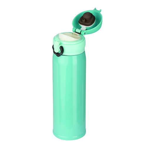 Garrafa térmica de inox, com botão e válvula para abertura. Capacidade até 400 ml. 22,7 x 7,2 x 20,5 cm.