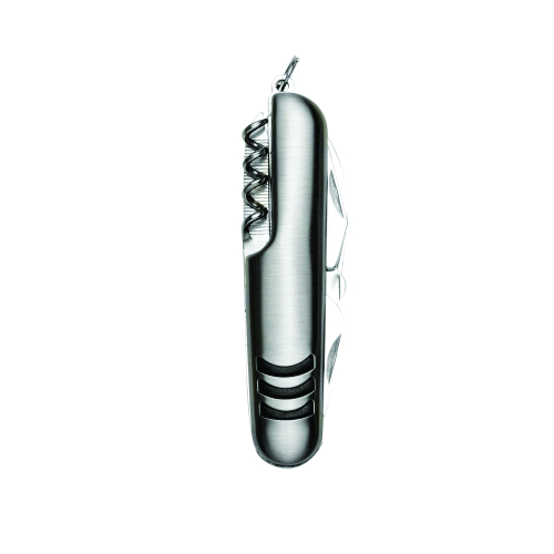 Canivete metal 7 funções com detalhes emborrachados preto. Tamanho total aproximado  (CxL):  9,2 cm x 2,5 cm