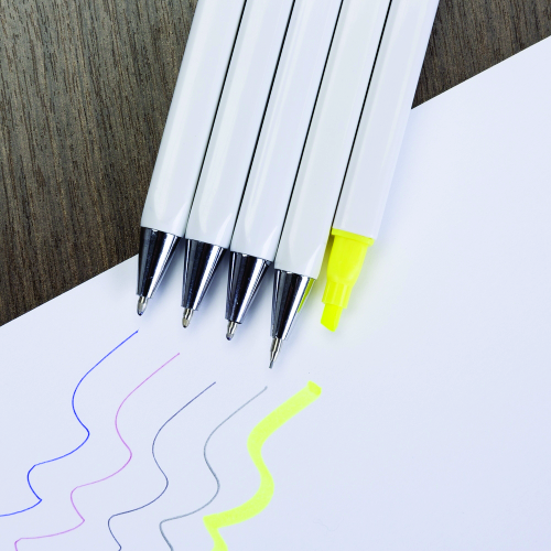Kit 5 em 1 branco em estojo plástico, contém canetas com as cargas: azul, preto e vermelho; marca texto amarelo e lapiseira. Tamanho total aproximado  (CxL):  13,9 cm x 6 cm