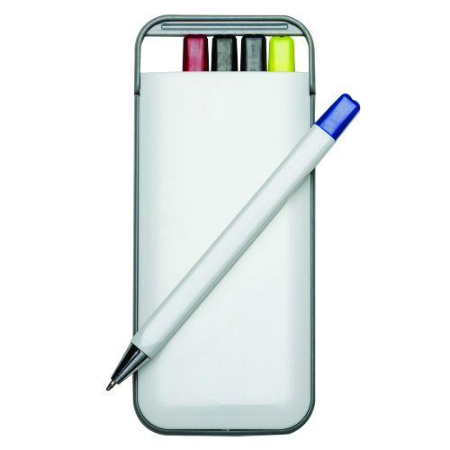 Kit 5 em 1 branco em estojo plástico, contém canetas com as cargas: azul, preto e vermelho; marca texto amarelo e lapiseira. Tamanho total aproximado  (CxL):  13,9 cm x 6 cm