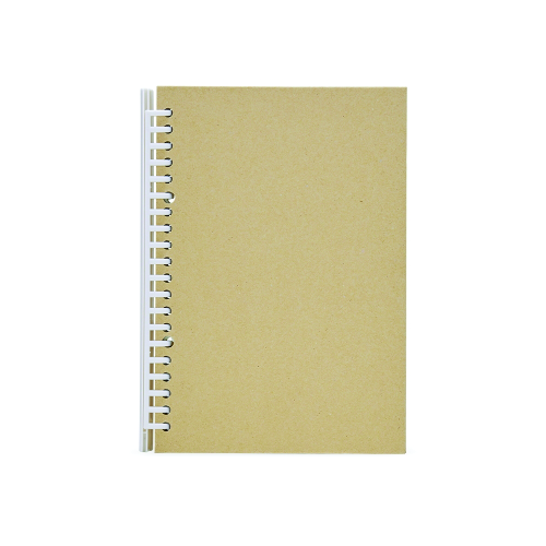 Caderno A5 com capa dura em kraft e espiral removível. Aproximadamente 87 folhas com pauta. 21,1 x 15,5 cm.