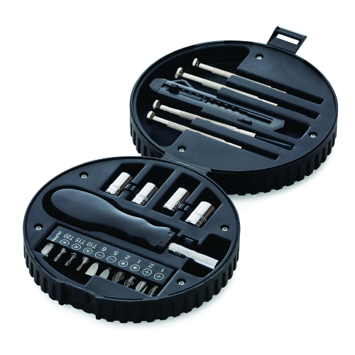 Kit ferramenta 20 peças com estojo formato pneu em plástico resistente. 13,1 cm x 13,1 cm x 4,9 cm