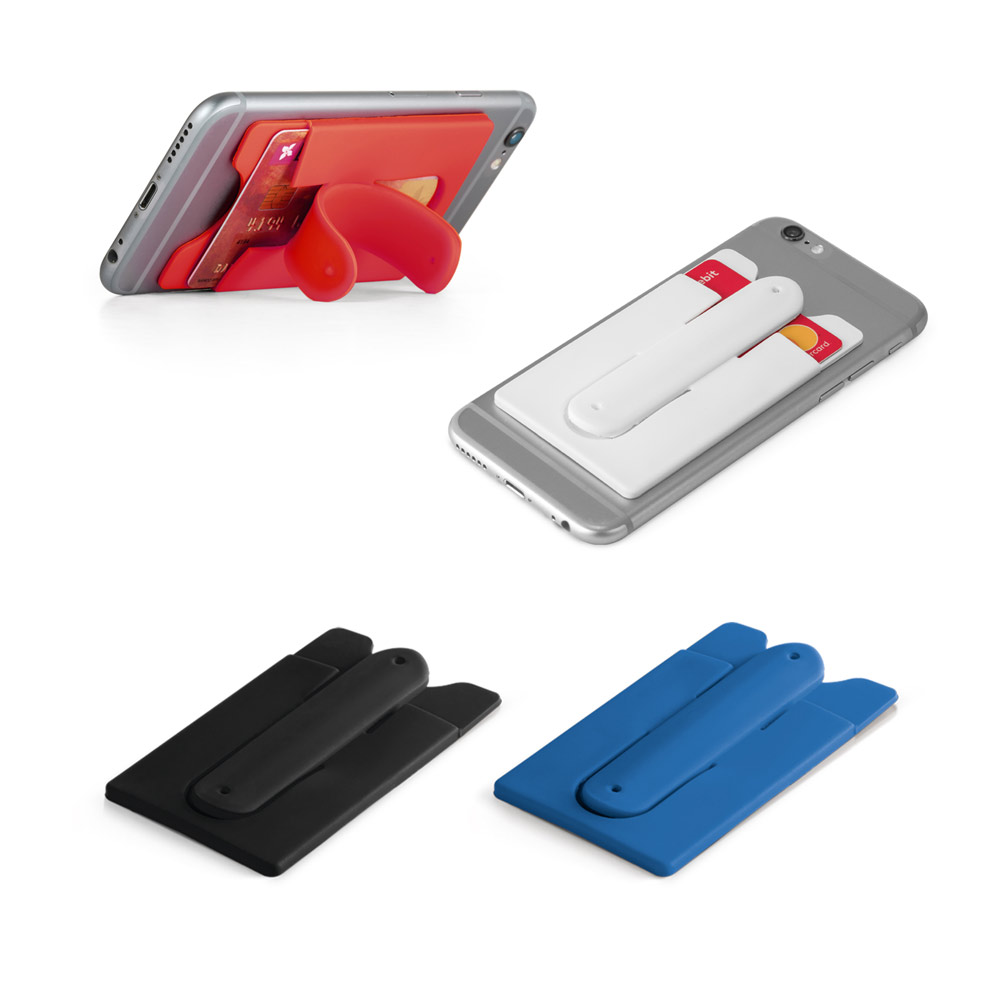 Porta cartões para celular em silicone com autocolante no verso e suporte para smartphone. 57 x 96 x 5 mm
