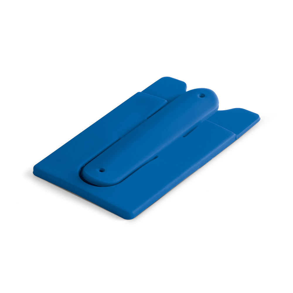 Porta cartões para celular em silicone com autocolante no verso e suporte para smartphone. 57 x 96 x 5 mm