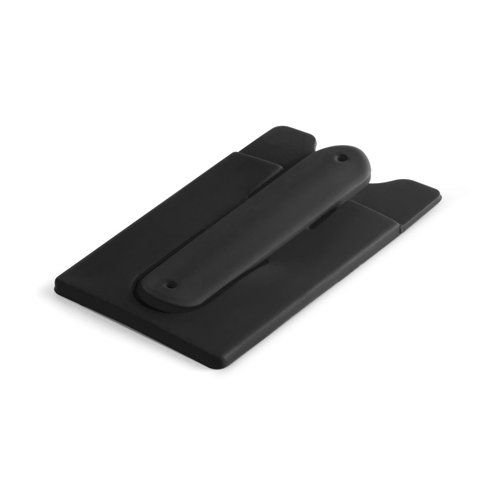 Porta cartões para celular em silicone com autocolante no verso e suporte para smartphone. 57 x 96 x 5 mm