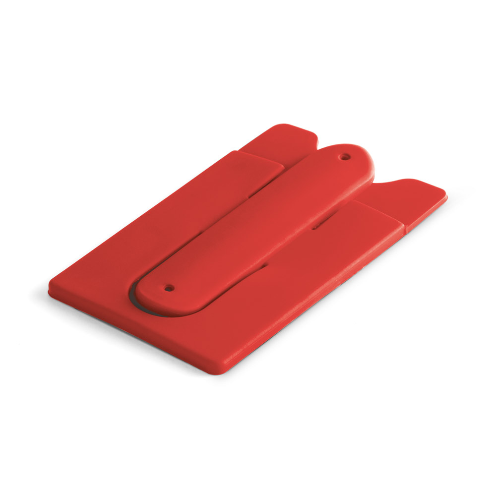 Porta cartões para celular em silicone com autocolante no verso e suporte para smartphone. 57 x 96 x 5 mm