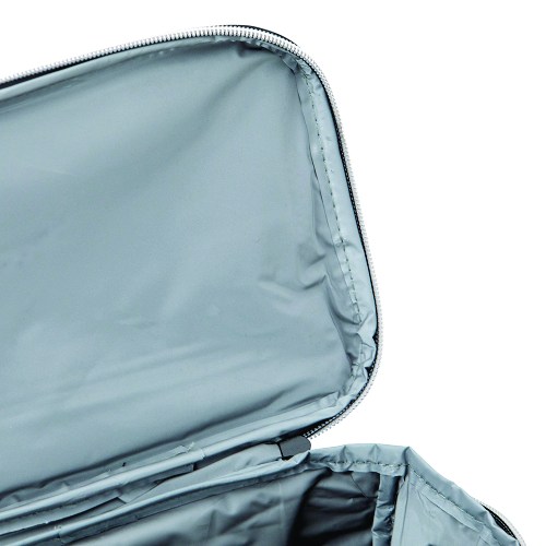 Bolsa térmica de nylon 10 litros com dois compartimentos e bolsos laterais em malha. 21 X 27 X 18 cm.