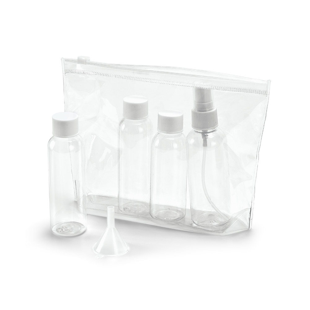 Bolsa de cosméticos hermética em PVC. Incluso 3 frascos (2 x 65 mL e 60 mL), 1 vaporizador (80 mL) e 1 funil. 190 x 155 x 40 mm.