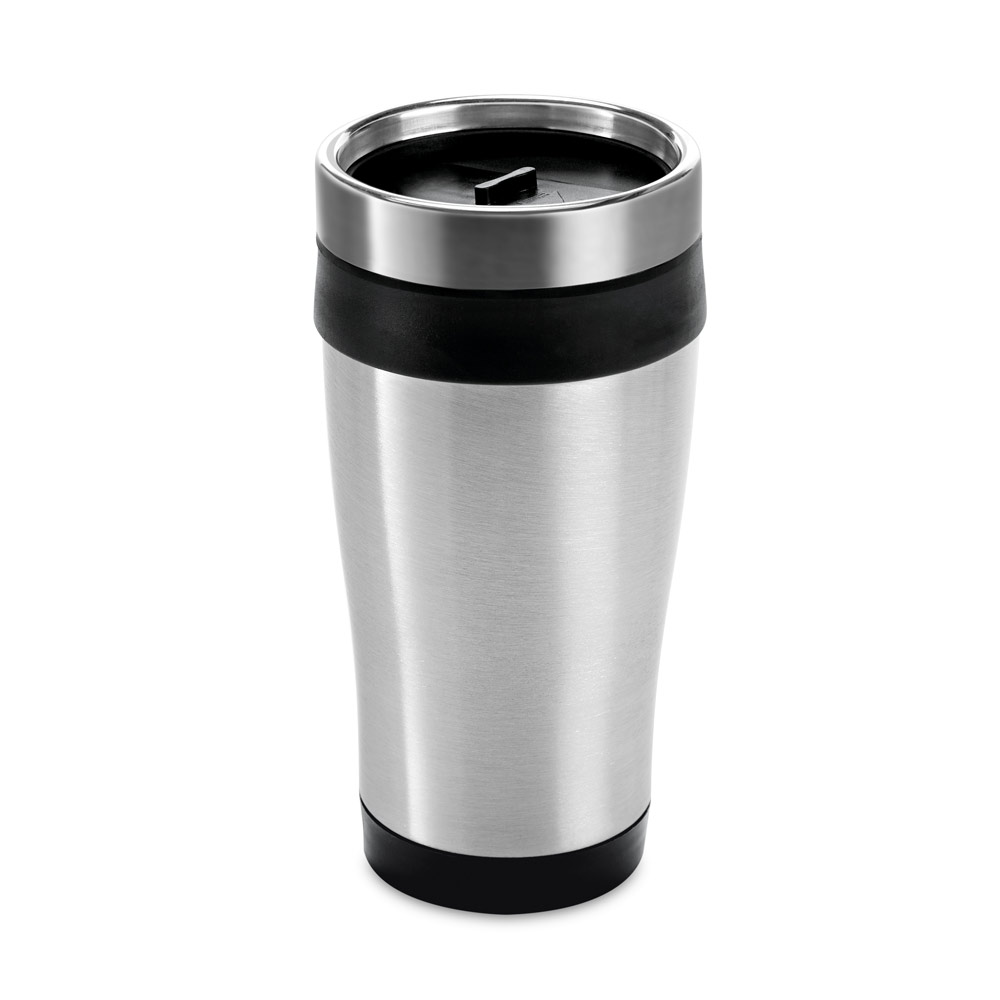 Copo térmico de viagem em aço inox e PP com corpo duplo. Capacidade 420 ml. Certificação EU Food Grade. ø81 x 187 mm