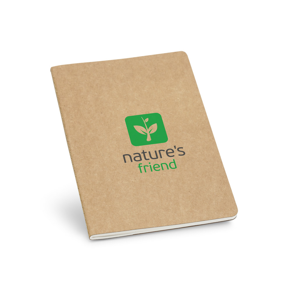 Caderno A5 com 40 folhas pautadas e capa em cartão com bolso interior. 144 x 210 mm