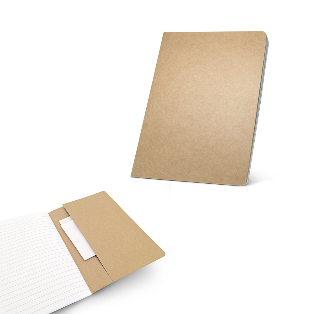 Caderno A5 com 40 folhas pautadas e capa em cartão com bolso interior. 144 x 210 mm
