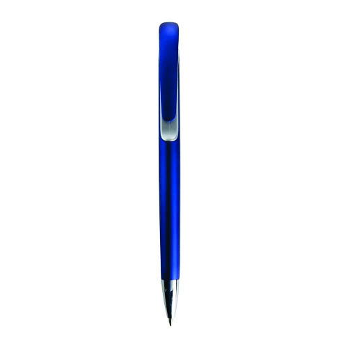 Caneta plástica com carga esferográfica azul e acionamento por clique. 14,6 cm x 1,4 cm