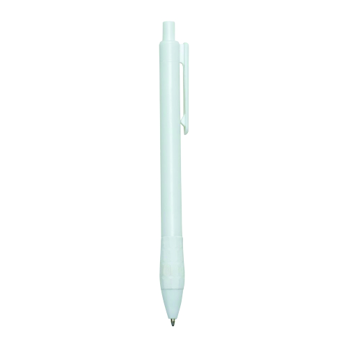 Caneta plástica color com detalhes na cor da caneta. Parte inferior emborrachada com detalhes em relevo . Aciona por clique. 1,6 x 14 cm.