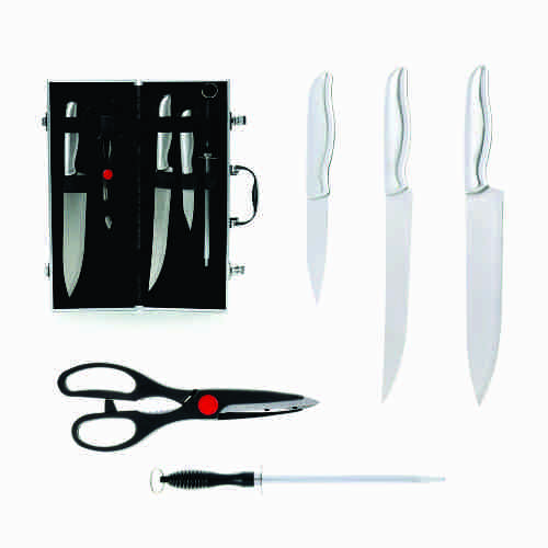 Kit churrasco 5 peças em maleta de alumínio com travas de segurança. 13,5 x 6 x 36,5 cm