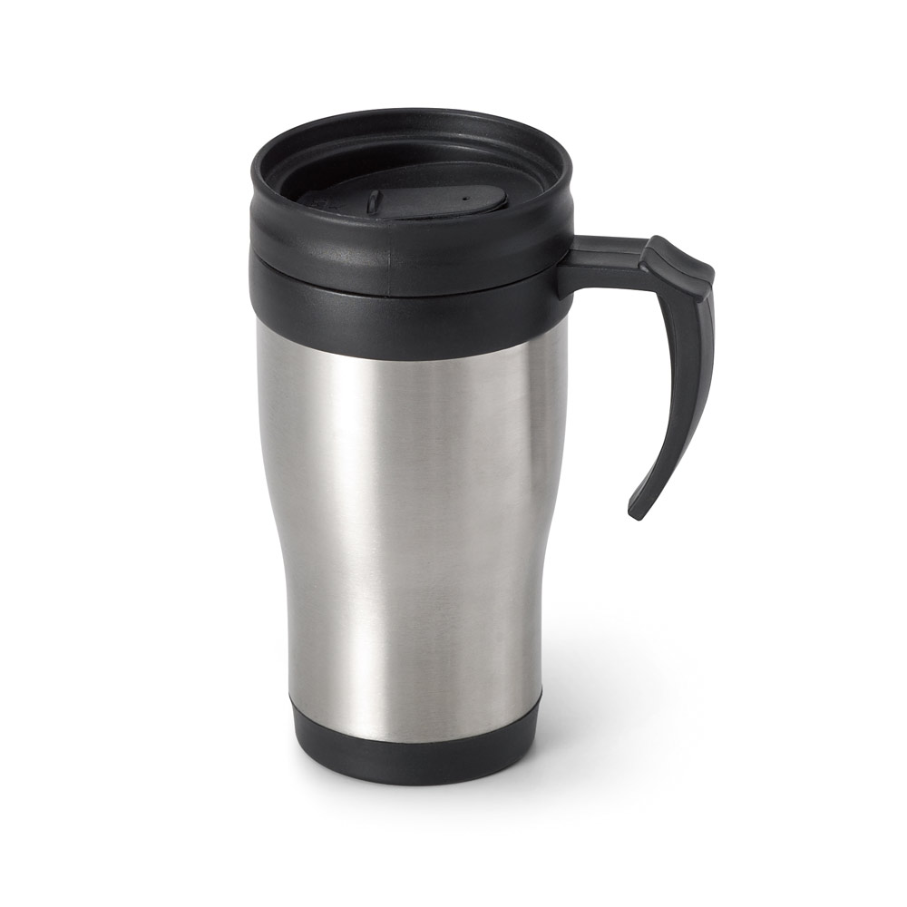 Caneca de viagem térmica de aço inox e PP. Capacidade até 420 mL. Certificação EU Food Grade. 80 x 170 mm