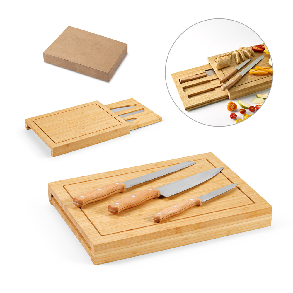 Novidade 2025!!! Conjunto de tábuas em bambu com 3 facas inclusas. Certificação EU Food Grade. 390 x 280 x 45 mm.