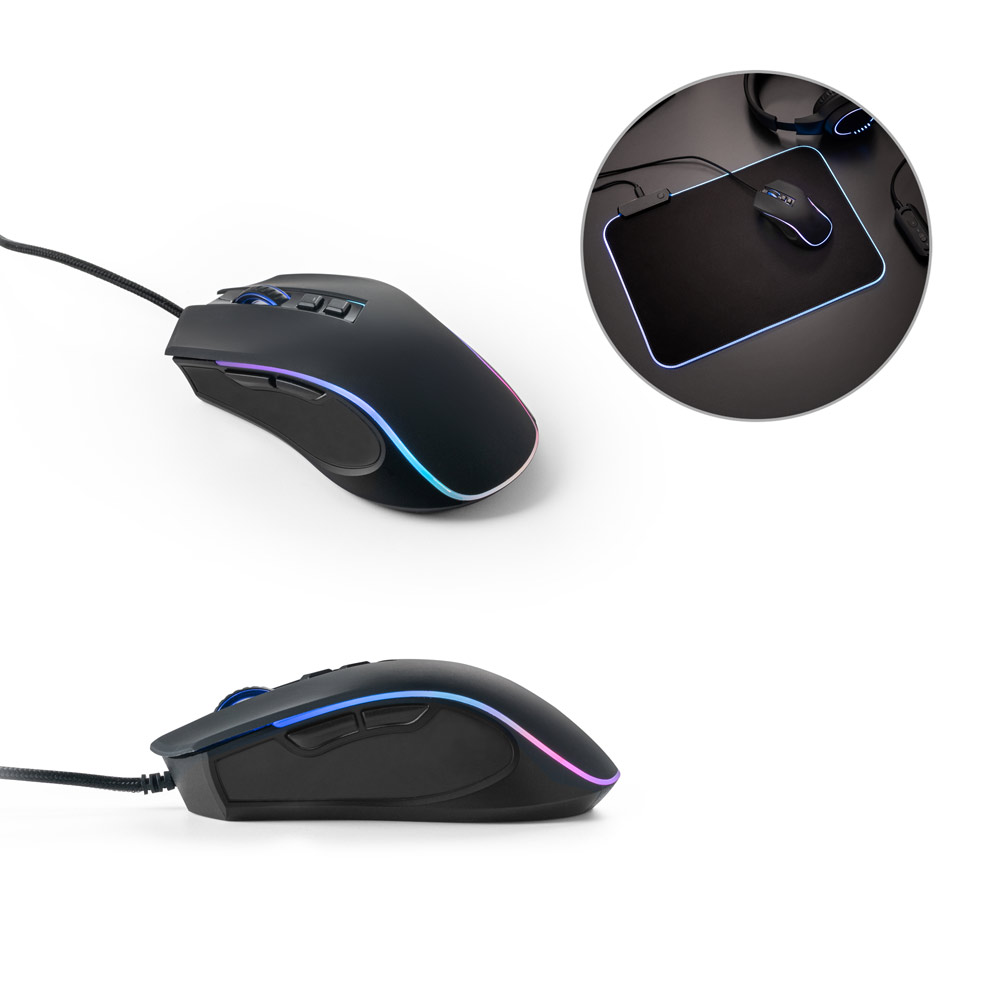 Novidade 2025!!! Mouse para jogos em ABS e acabamento emborrachado com 7 botões e iluminação RGB com 8 modos possíveis. 124 x 71 x 39 mm.