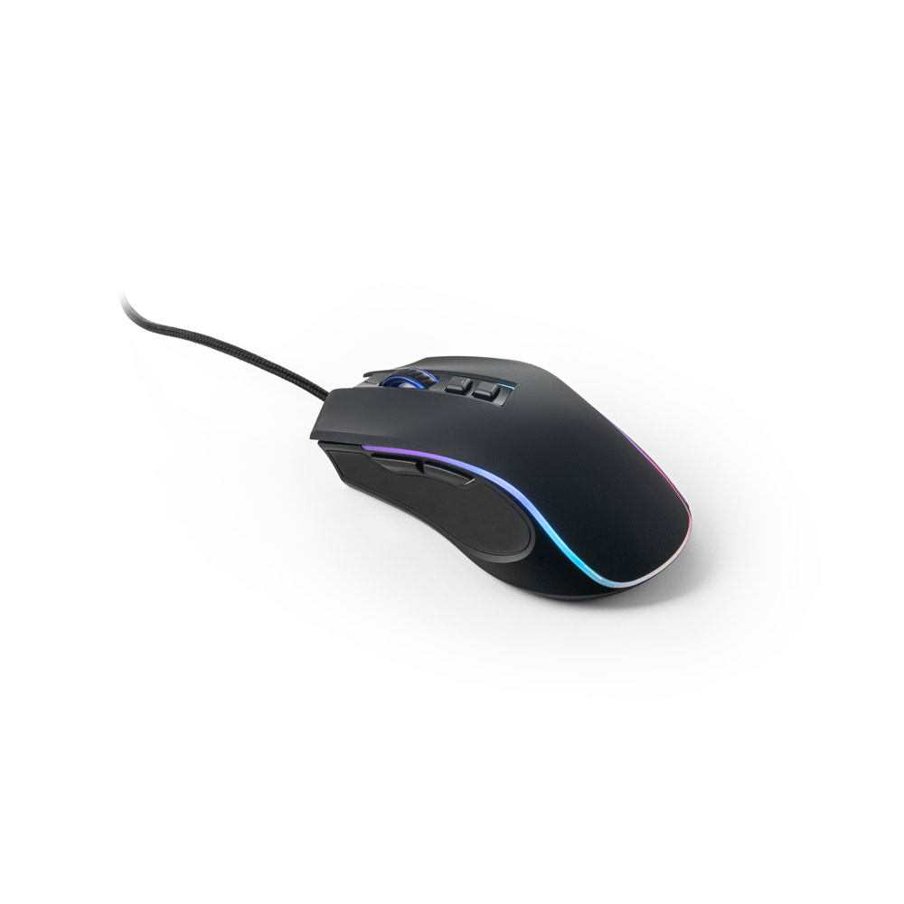 Novidade 2025!!! Mouse para jogos em ABS e acabamento emborrachado com 7 botões e iluminação RGB com 8 modos possíveis. 124 x 71 x 39 mm.