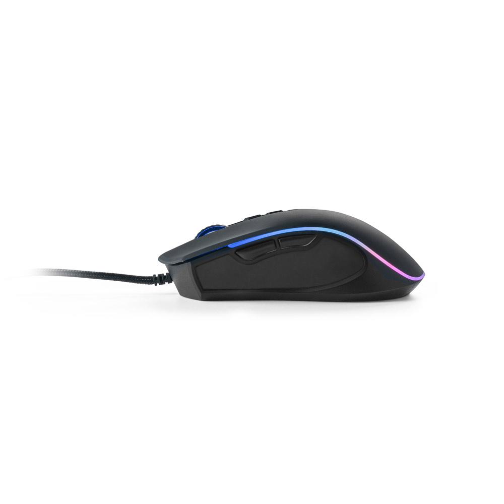 Novidade 2025!!! Mouse para jogos em ABS e acabamento emborrachado com 7 botões e iluminação RGB com 8 modos possíveis. 124 x 71 x 39 mm.