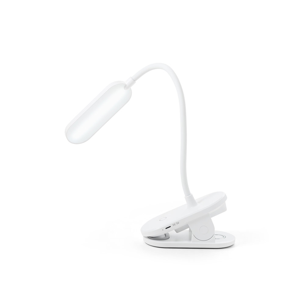 Novidade 2025!!! Luminária de mesa portátil em ABS 65% reciclado com 140 lumen e clip para segurar às superfícies. 122 x 456 x 58 mm.