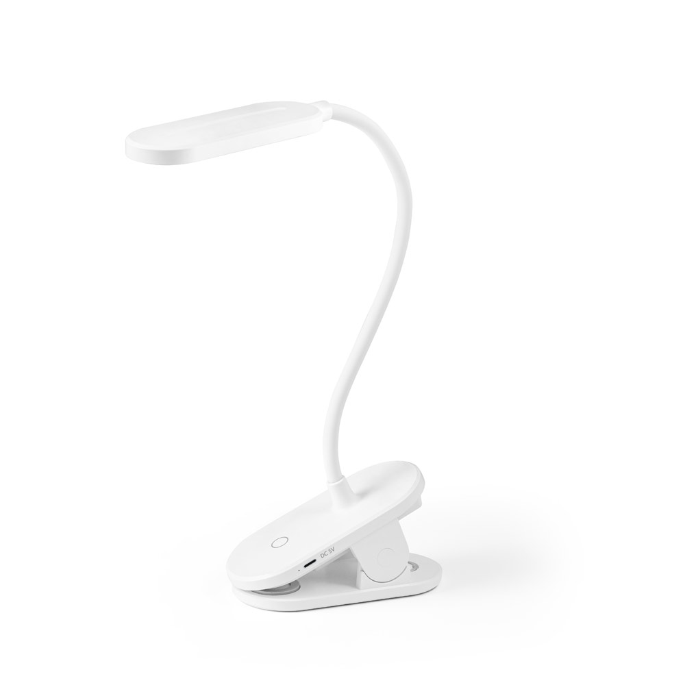 Novidade 2025!!! Luminária de mesa portátil em ABS 65% reciclado com 140 lumen e clip para segurar às superfícies. 122 x 456 x 58 mm.