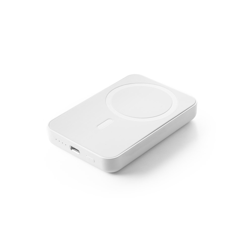 Novidade 2025!!! Bateria portátil em ABS 100% reciclado. Tem capacidade de 5.000 mAh e tempo de vida ≥ 300 ciclos. 96 x 64 x 14 mm.