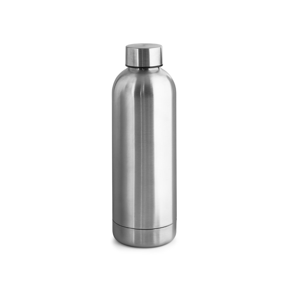 Novidade 2025!!! Garrafa em aço inox (90% reciclado) de parede dupla térmica, isolada a vácuo. Capacidade até 550 mL. Certificação EU Food Grade. 73 x 222 mm