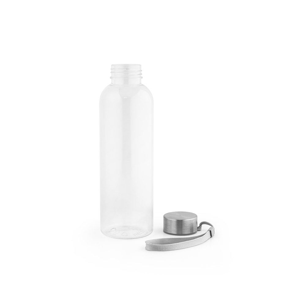 Novidade 2025!!! Squeeze em rPET 100% reciclado e tampa em aço inox. Capacidade até 580 mL. Certificação EU Food Grade. 65 x 210 mm