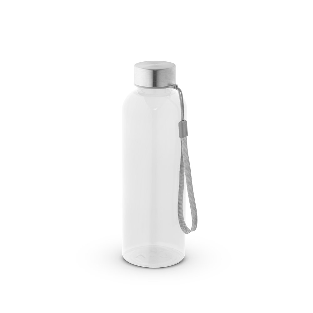 Novidade 2025!!! Squeeze em rPET 100% reciclado e tampa em aço inox. Capacidade até 580 mL. Certificação EU Food Grade. 65 x 210 mm