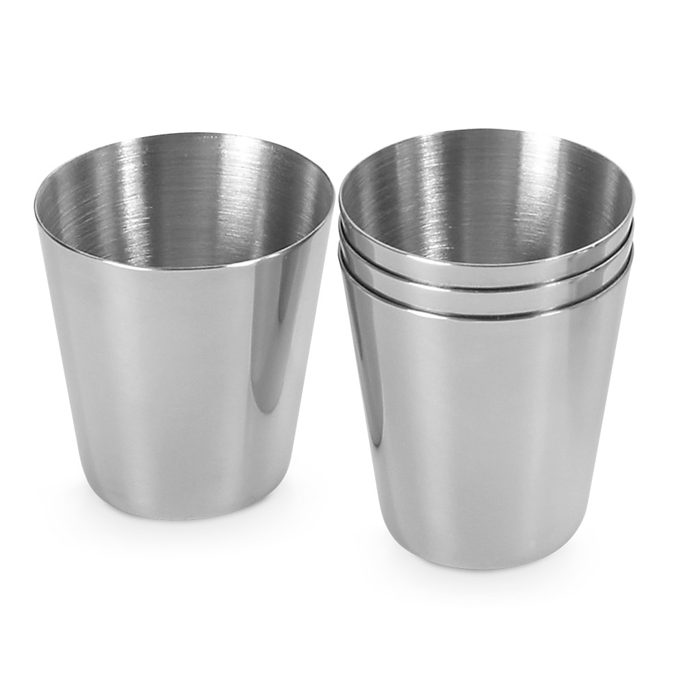 Conjunto de 4 copos em aço inox com bolsa para transporte em PU, copo com capacidade até 25 mL. Certificação EU Food Grade. 44 x 62 mm