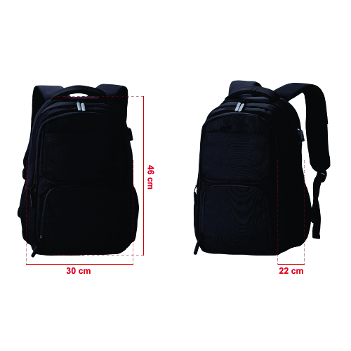 Mochila de poliéster 30 litros com seis compartimentos, sendo o principal com bolso para notebook 15,6 e tablet 12,4. 46 x 30 x 22 cm