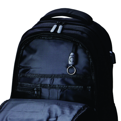 Mochila de poliéster 30 litros com seis compartimentos, sendo o principal com bolso para notebook 15,6 e tablet 12,4. 46 x 30 x 22 cm