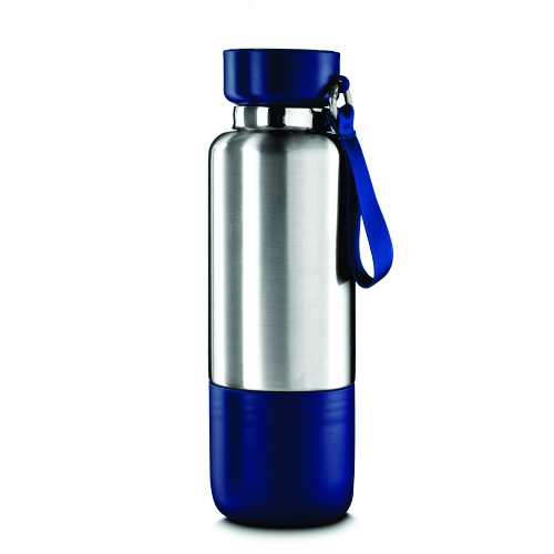 Garrafa térmica em aço inox com parede dupla isolada a vácuo, capacidade de 500 ml e cordão tipo mosquetão. 26 X ø7 cm